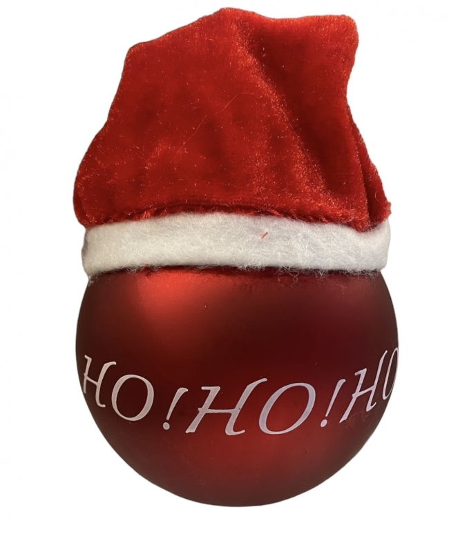  Χριστουγεννιάτικη μπάλα κόκκινη γυάλινη με σκουφάκι "hohoho" 8εκ από την εταιρία Epilegin. 