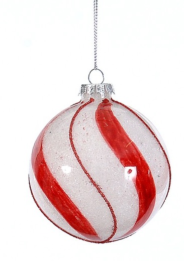 Χριστουγεννιάτικη γυάλινη μπάλα στρογγυλή με ρίγες κόκκινο άσπρο 8εκ από την εταιρία Epilegin. 