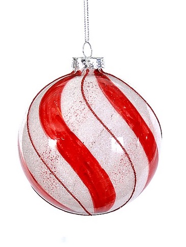  Χριστουγεννιάτικη γυάλινη μπάλα στρογγύλη  με ρίγες κόκκινο άσπρο 10εκ από την εταιρία Epilegin. 