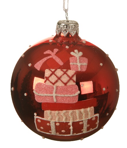  Χριστουγεννιάτικη γυάλινη μπάλα με δώρα κόκκινο χρώμα 8εκ από την εταιρία Epilegin. 