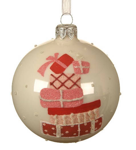  Χριστουγεννιάτικη γυάλινη μπάλα με δώρα άσπρο χρώμα 8εκ από την εταιρία Epilegin. 