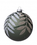  Χριστουγεννιάτικη γυάλινη μπάλα πράσινη με φύλλα λευκά 10εκ 