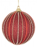  Χριστουγεννιάτικη πλαστική κόκκινη μπάλα με ρίγες κόκκινες-χρυσές 8εκ 