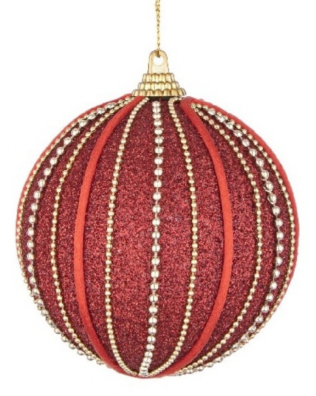  Χριστουγεννιάτικη πλαστική κόκκινη μπάλα με ρίγες κόκκινες-χρυσές 8εκ από την εταιρία Epilegin. 