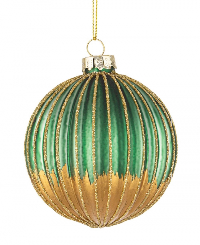  Χριστουγεννιάτικη γυάλινη μπάλα πράσινη με χρυσές ρίγες 8εκ από την εταιρία Epilegin. 