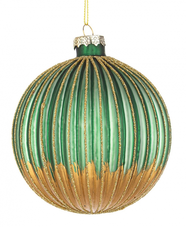  Χριστουγεννιάτικη γυάλινη μπάλα πράσινη με χρυσές ρίγες 10εκ από την εταιρία Epilegin. 