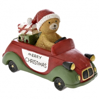 Χριστουγεννιάτικο διακοσμητικό polyresin αρκουδάκι με αμάξι κόκκινο 17Χ11εκ
