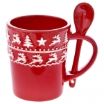  Χριστουγεννιάτικη κεραμική κούπα με κουτάλι σχέδιο έλαφια κόκκινη 12Χ10εκ 