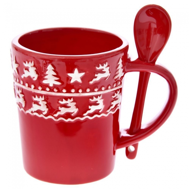  Χριστουγεννιάτικη κεραμική κούπα με κουτάλι σχέδιο έλαφια κόκκινη 12Χ10εκ από την εταιρία Epilegin. 