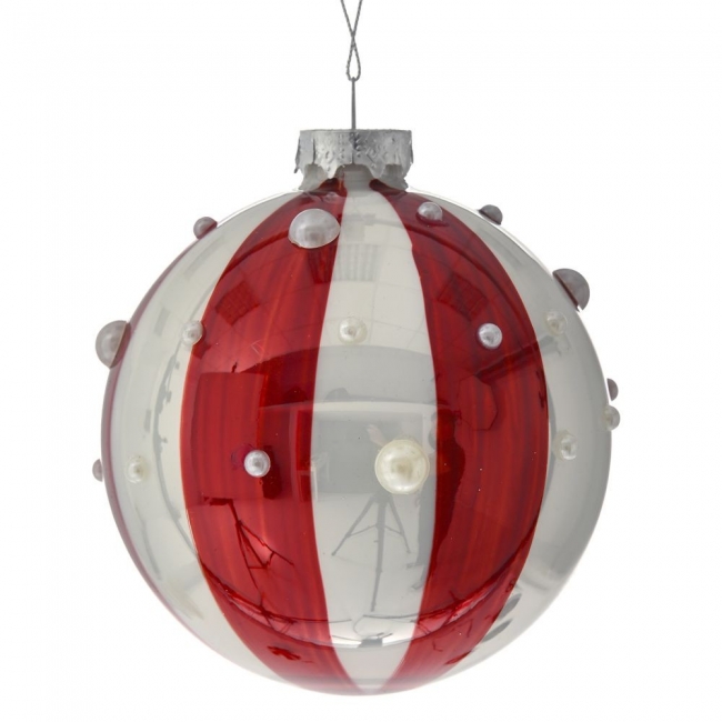  Χριστουγεννιάτικη γυάλινη μπάλα με ρίγες κόκκινο-άσπρο και λευκές πέρλες 10εκ από την εταιρία Epilegin. 