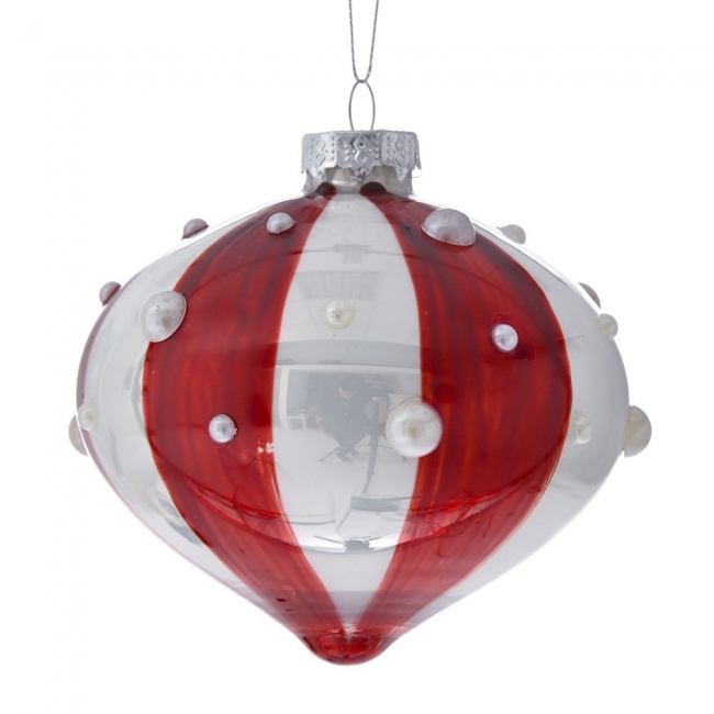  Χριστουγεννιάτικη γυάλινη μπάλα ρόμβος με ρίγες κόκκινο-άσπρο και λευκές πέρλες 10εκ από την εταιρία Epilegin. 