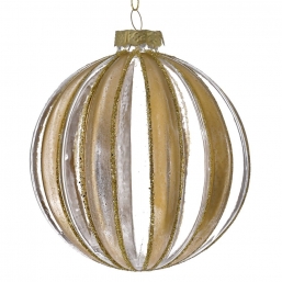 Χριστουγεννιάτικη γυάλινη μπάλα διάφανη με χρυσές ρίγες 10εκ από την εταιρία Epilegin. Χριστουγεννιάτικη γυάλινη μπάλα διάφανη με χρυσές ρίγες 10εκ από την εταιρία Epilegin.