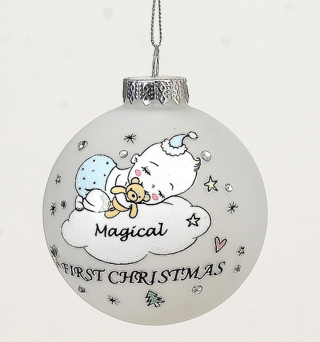  Χριστουγεννιάτικη γυάλινη μπάλα `First Christmas sleeping baby` λευκό-μπλέ 8εκ από την εταιρία Epilegin. 