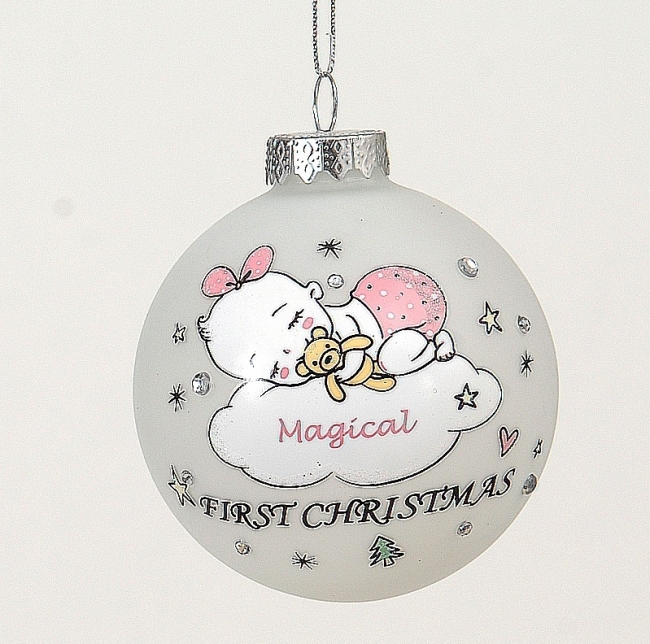  Χριστουγεννιάτικη γυάλινη μπάλα `First Christmas sleeping baby` λευκό-ρόζ 8εκ από την εταιρία Epilegin. 