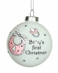  Χριστουγεννιάτικη γυάλινη μπάλα "Baby girl`s First Christmas" λευκό-ροζ 8εκ 