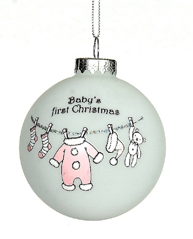  Χριστουγεννιάτικη γυάλινη μπάλα "Baby girl`s First Christmas" λευκό-γαλάζιο 8εκ  από την εταιρία Epilegin. 
