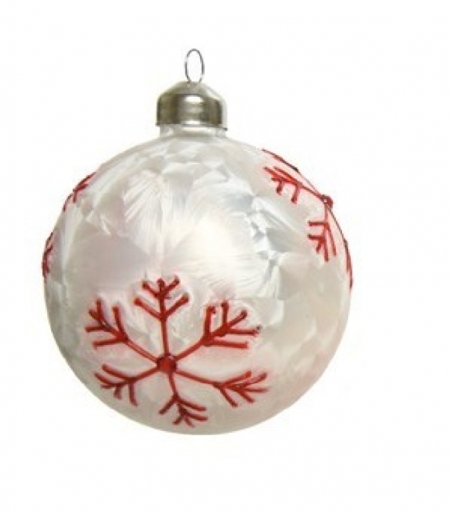  Χριστουγεννιάτικη γυάλινη μπάλα με κόκκινες χιονονιφάδες λευκή 8εκ από την εταιρία Epilegin. 