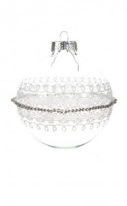 Χριστουγεννιάτικη γυάλινη μπάλα διάφανη με λευκή δαντέλα & αλυσίδα 8εκ από την εταιρία Epilegin. Χριστουγεννιάτικη γυάλινη μπάλα διάφανη με λευκή δαντέλα & αλυσίδα 8εκ από την εταιρία Epilegin.