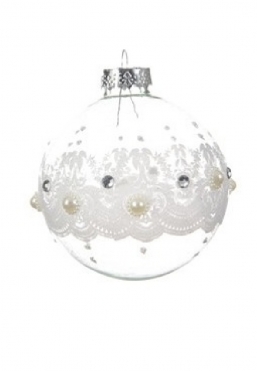 Χριστουγεννιάτικη γυάλινη μπάλα διάφανη με λευκή δαντέλα πέρλες & στρας 8εκ από την εταιρία Epilegin. Χριστουγεννιάτικη γυάλινη μπάλα διάφανη με λευκή δαντέλα πέρλες & στρας 8εκ από την εταιρία Epilegin.