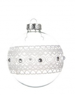 Χριστουγεννιάτικη γυάλινη μπάλα διάφανη με λευκή δαντέλα & στρας 8εκ από την εταιρία Epilegin. Χριστουγεννιάτικη γυάλινη μπάλα διάφανη με λευκή δαντέλα & στρας 8εκ από την εταιρία Epilegin.