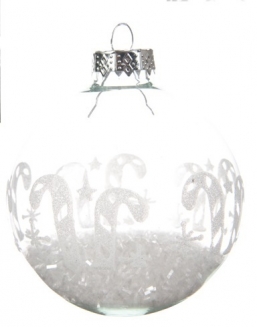 Χριστουγεννιάτικη γυάλινη μπάλα διάφανη με λευκά μπαστούνια 8εκ από την εταιρία Epilegin. Χριστουγεννιάτικη γυάλινη μπάλα διάφανη με λευκά μπαστούνια 8εκ από την εταιρία Epilegin.