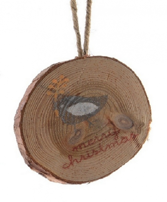  Ξύλινο κρεμαστό στολίδι στρογγυλό με πουλάκι φυσικό-γκρί 9εκ   από την εταιρία Epilegin. 